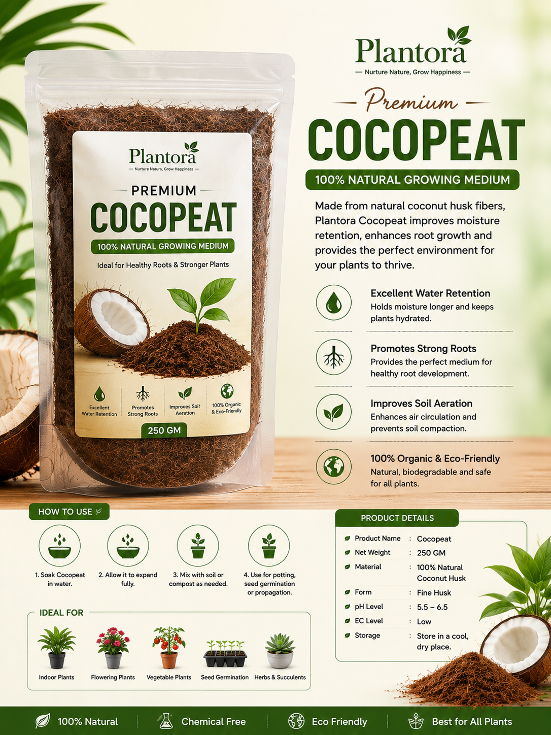 Premium Cocopeat (250 GM) | Organic Growing Medium for Healthy Root Growth
