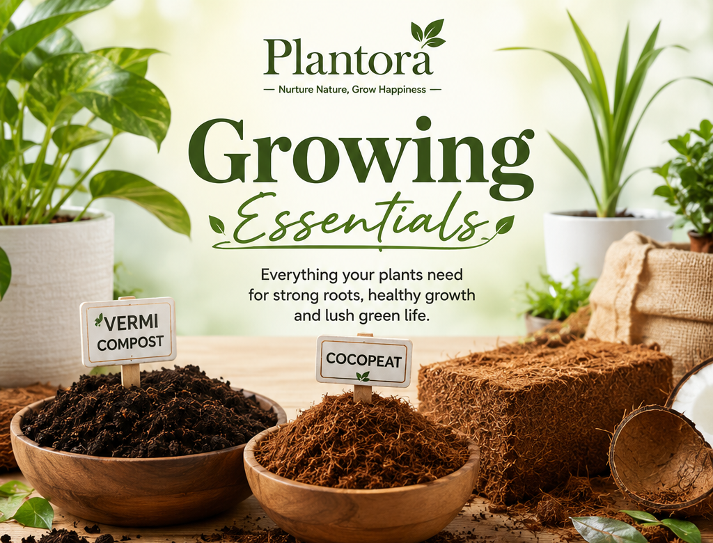 Plantora Growing Essentials collection featuring vermicompost, cocopeat, premium seeds, and gardening supplies for healthy plant growth.