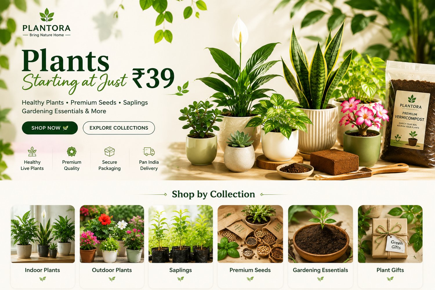 Plantora homepage featuring healthy indoor plants, outdoor plants, saplings, premium seeds and gardening essentials