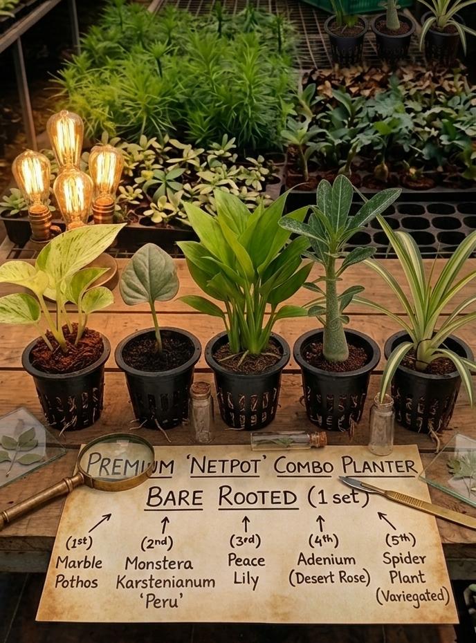 Premium 5 Bare Root Indoor Plants Combo in Net Pots | Air Purifying Live Plant Set
